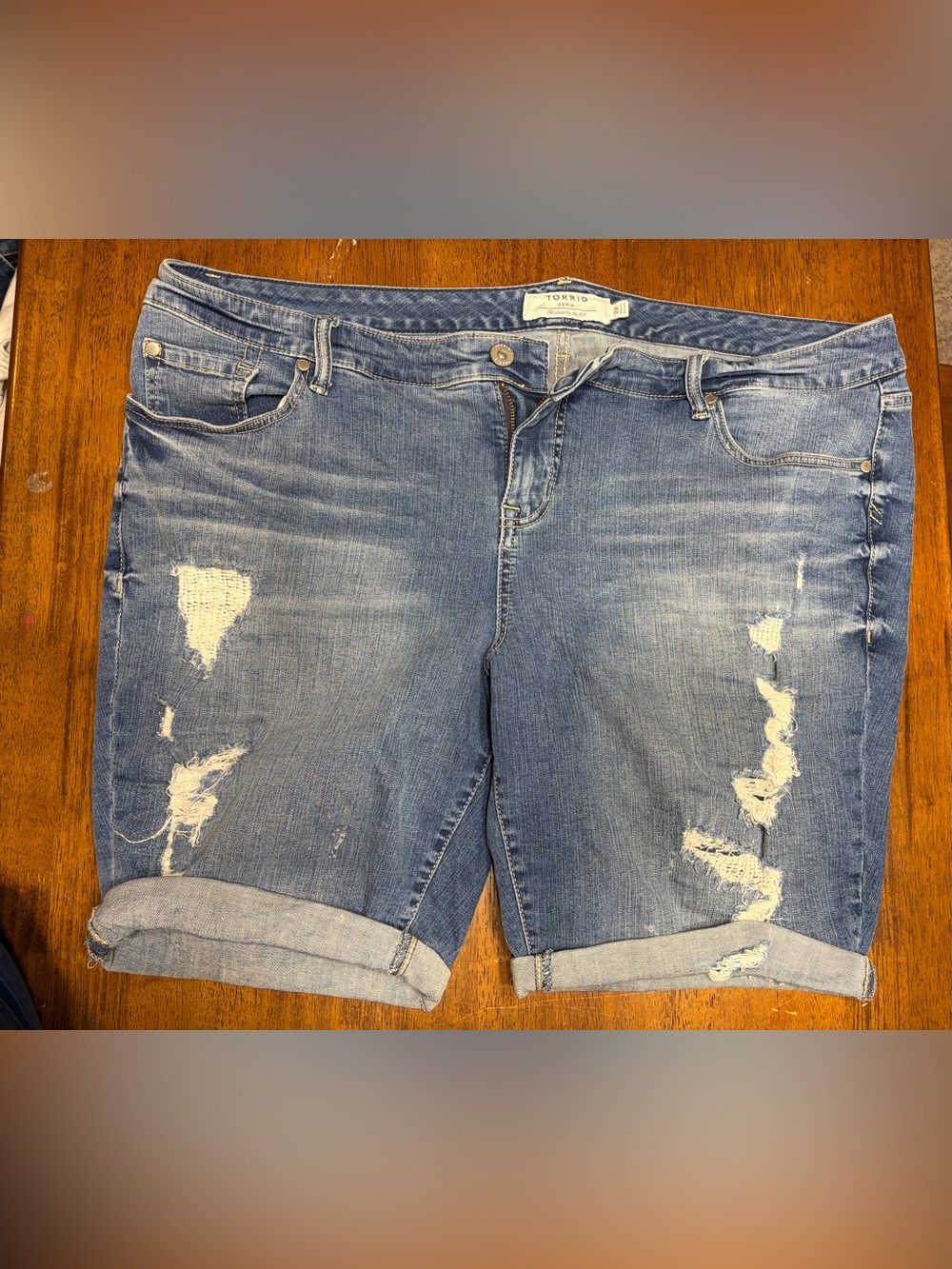 torrid Distressed Cuffed Denim Bermuda Shorts - Blue